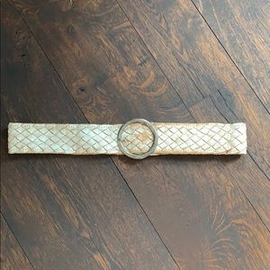 Bed Stu Tan White Woven Silver Belt L
